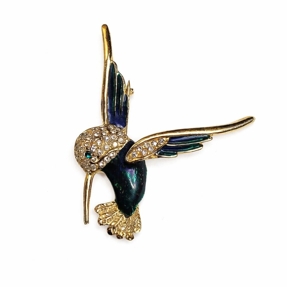 Vintage Signed Roman Gold Tone Rhinestone‎ & Enamel Hummingbird Brooch